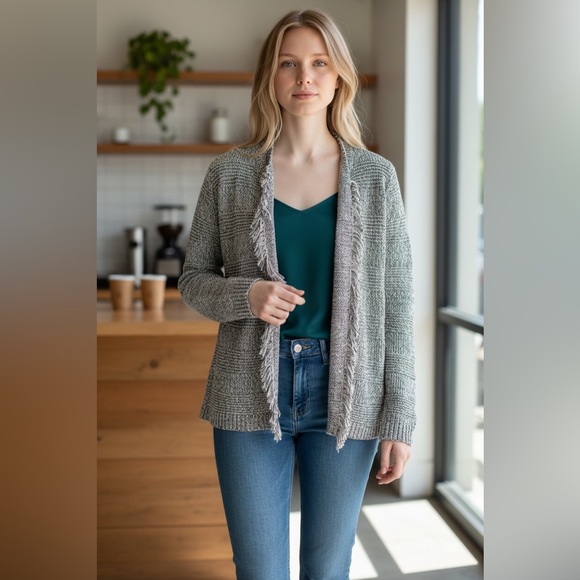 LOFT Sweaters - LOFT Blue Woven Knit Fringe Cardigan